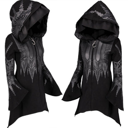 Halloween Cosplay Hoodie Women's Punk Black Long Hooded Printed Sweater