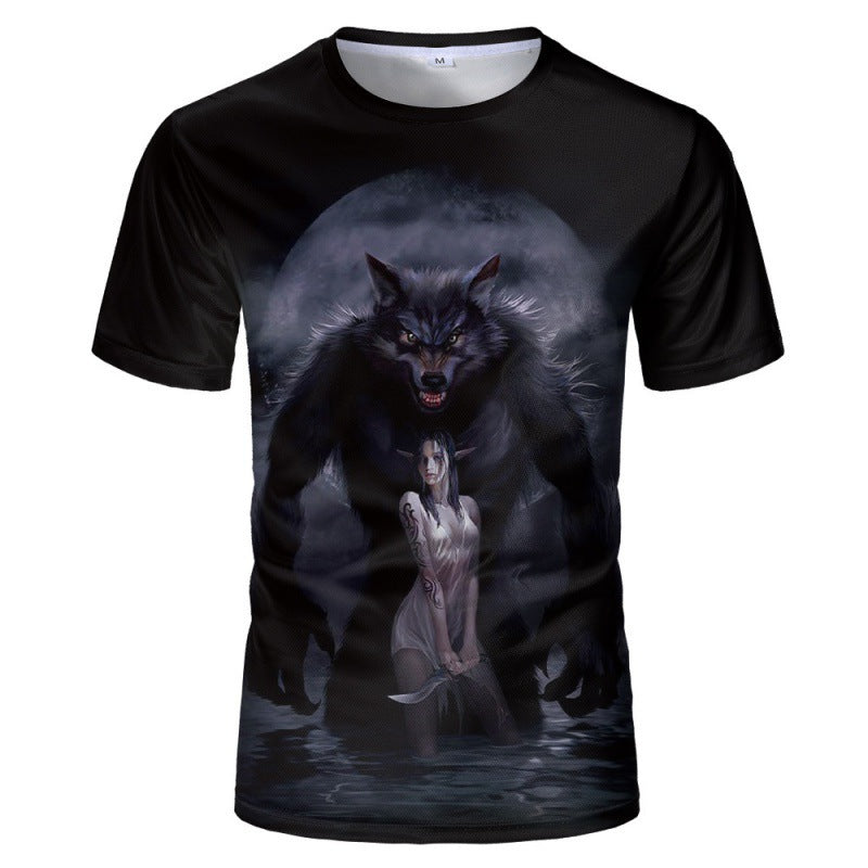 New Moon Wolf Head Pattern 3D Printed Short Sleeve T-shirt