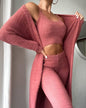 3pcs Womens Clothing  Fashion Solid Fluffy Plain Crop Top & Skinny Pants & Longline Coat Set Warm Cozy Suit Sets