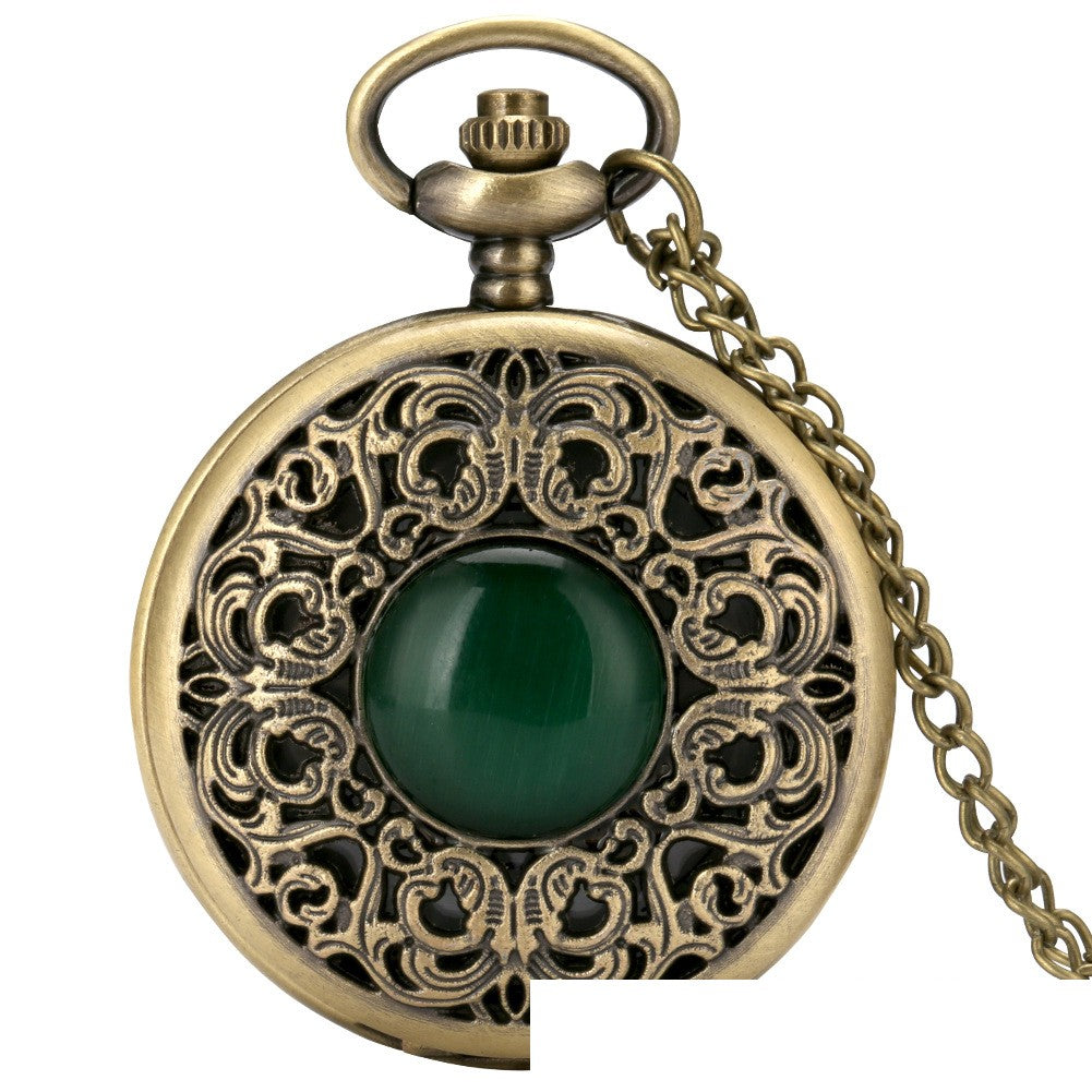 New Retro Carved Creative Pocket Watch Green Gem Cat Eye Large Quartz