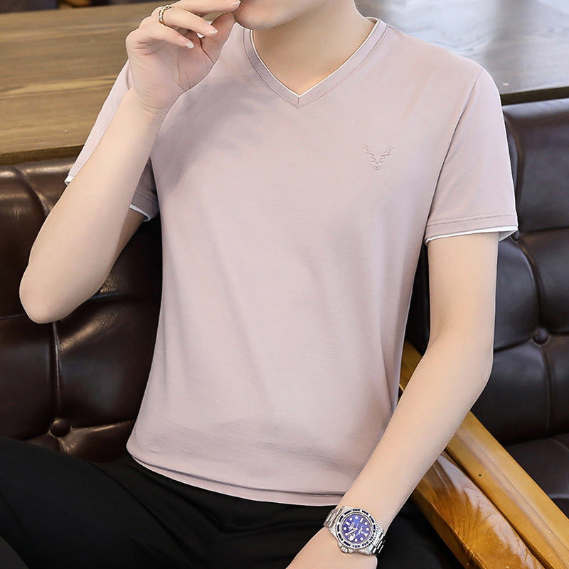 Men's Summer Ice Silk Short Sleeve Trendy Base Shirt Men's Half Sleeve Clothes Fashion Brand Chicken Collar T-shirt