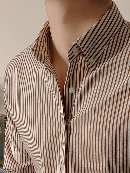 Slim Fitting Coffee Striped Shirt For Men