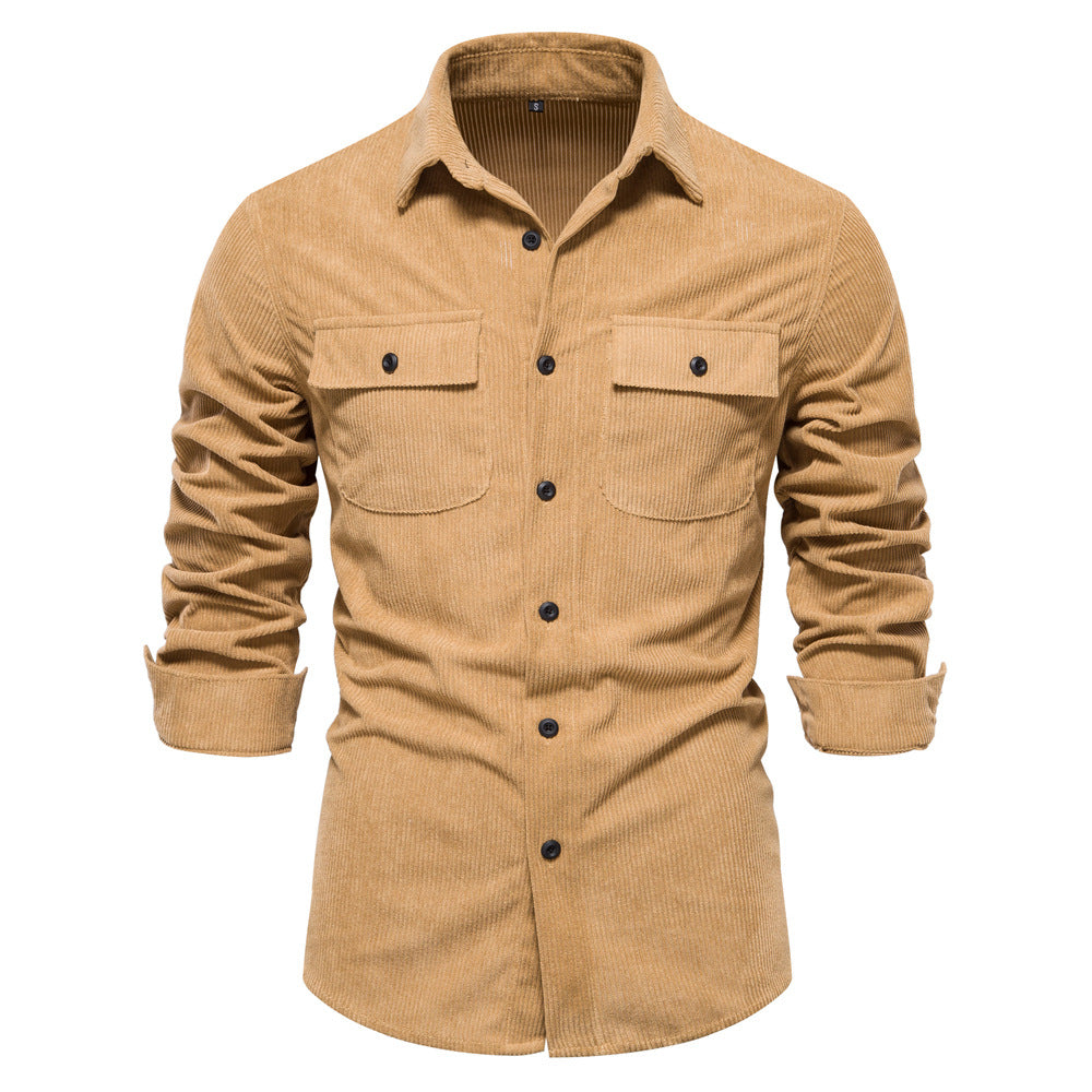 Men's Fashion Slim Corduroy Solid Color Long Sleeve Shirt