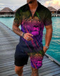 Fashion Zipper Polo Shirt Suit Men's Casual 3D Printed Shorts