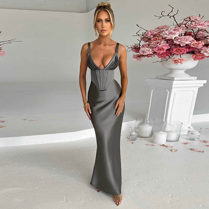 Women's Fashionable Elegant Deep V Satin Slim Strap Dress