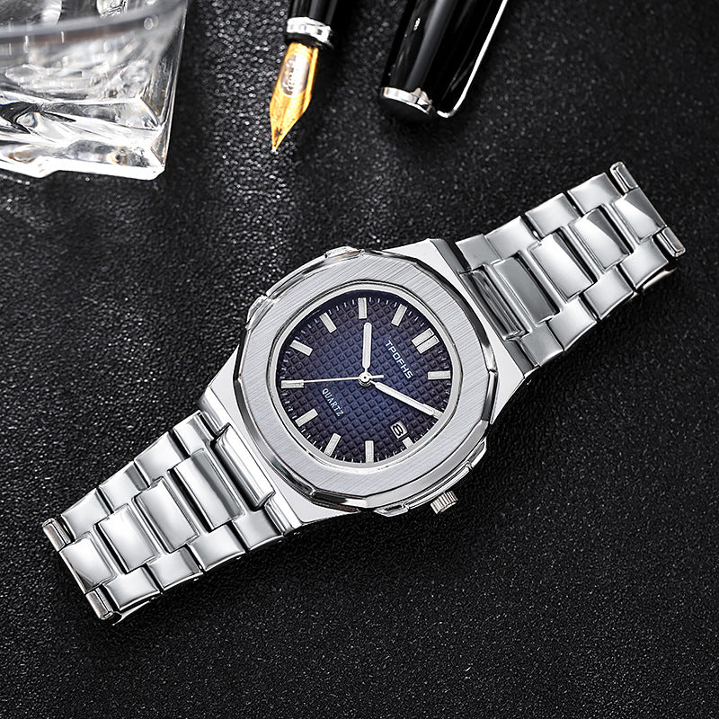 Luminous Waterproof Steel Belt Quartz Watch With Calendar