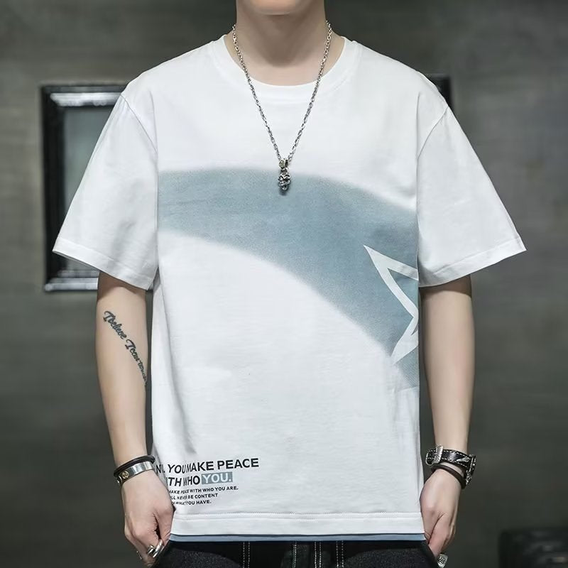 Ripped T-shirt Ins Super Fire Harbor Style Ruan Handsome Round Neck Half Sleeve