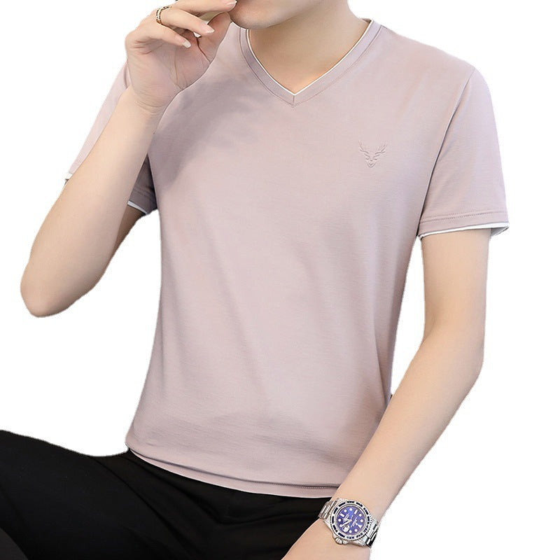 Men's Summer Ice Silk Short Sleeve Trendy Base Shirt Men's Half Sleeve Clothes Fashion Brand Chicken Collar T-shirt