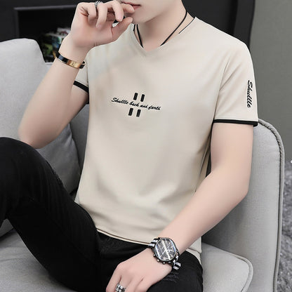 Men's Summer Ice Silk Short Sleeve Trendy Base Shirt Men's Half Sleeve Clothes Fashion Brand Chicken Collar T-shirt