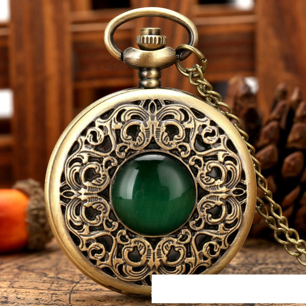 New Retro Carved Creative Pocket Watch Green Gem Cat Eye Large Quartz