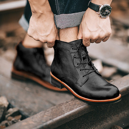 Retro Boots Men Lace-up Leather Ankle Boots Low Heel Motorcycle Shoes