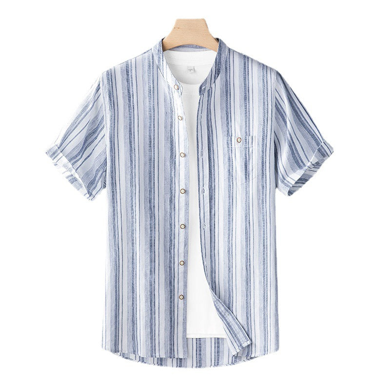 Linen Japanese-style Retro Stand Collar Short Sleeve Shirt For Men