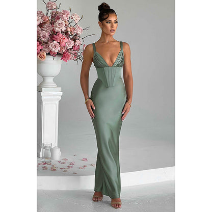 Women's Fashionable Elegant Deep V Satin Slim Strap Dress