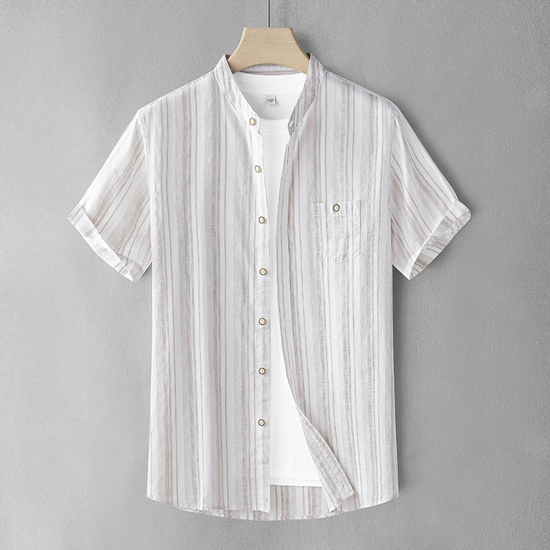 Linen Japanese-style Retro Stand Collar Short Sleeve Shirt For Men