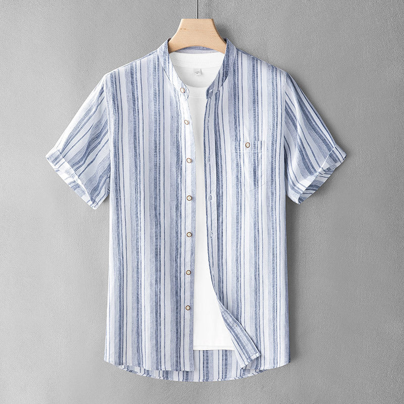 Linen Japanese-style Retro Stand Collar Short Sleeve Shirt For Men