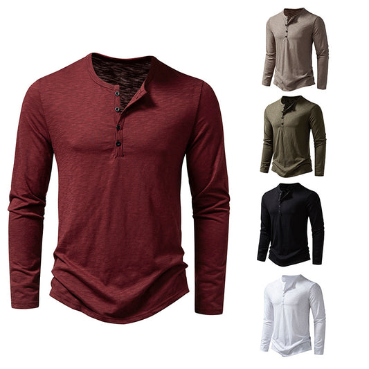 Men's Slub Cotton Henry Collar Long Sleeve Men Fashion Long Sleeve