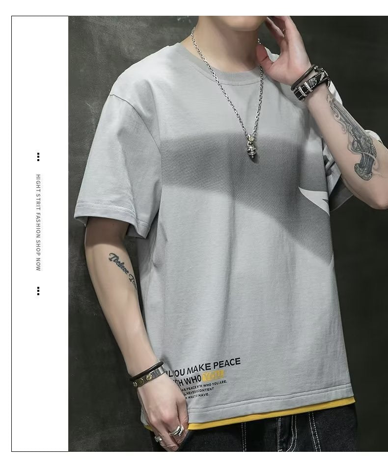 Ripped T-shirt Ins Super Fire Harbor Style Ruan Handsome Round Neck Half Sleeve