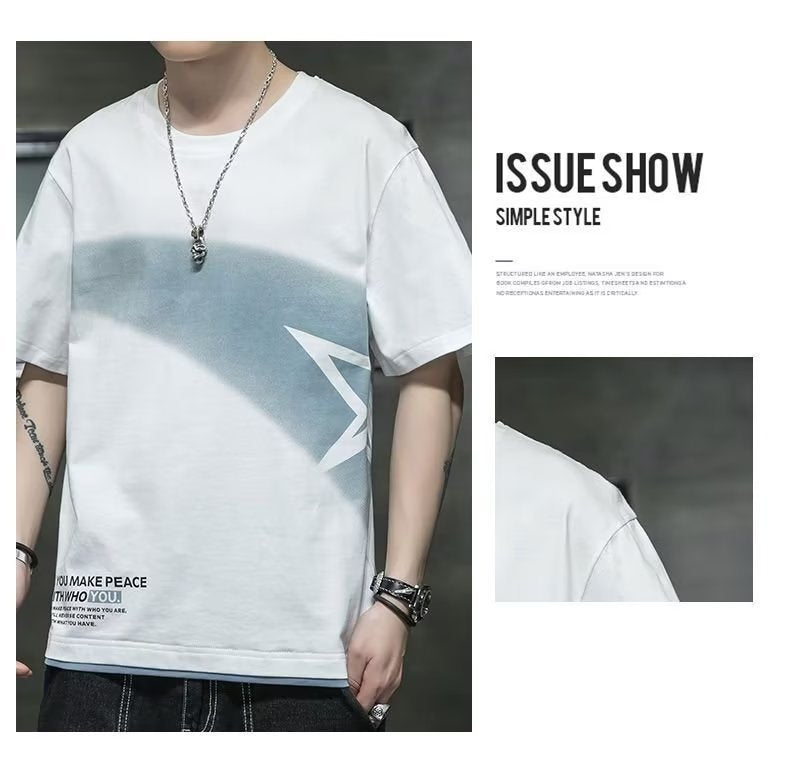 Ripped T-shirt Ins Super Fire Harbor Style Ruan Handsome Round Neck Half Sleeve