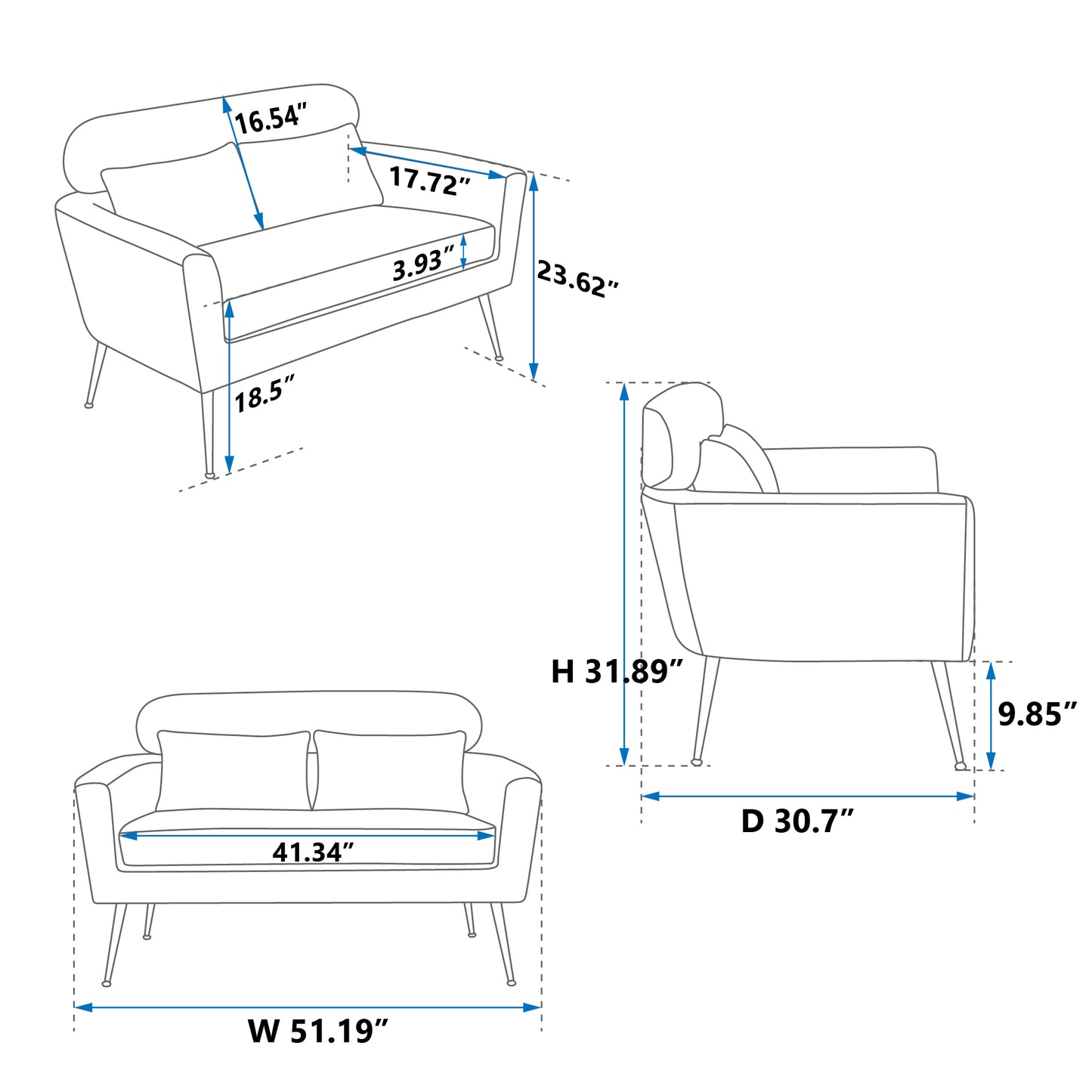 51&quot;W Classical Loveseat Small Sofa Small Mini Room Couch Two-Seater Sofa With 2 Throw Pillows Black Metal Legs for Small Space Office Studio Apartment Bedroom, Valley Gray Bronzing Suede