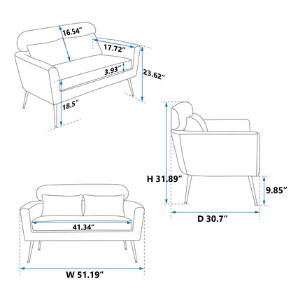 51&quot;W Classical Loveseat Small Sofa Small Mini Room Couch Two-Seater Sofa With 2 Throw Pillows Black Metal Legs for Small Space Office Studio Apartment Bedroom, Valley Gray Bronzing Suede