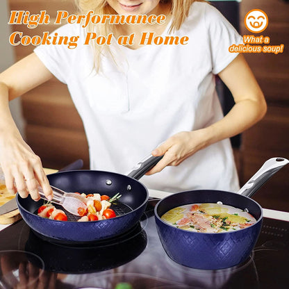 Kitchen Cookware Sets Nonstick Ceramic Bule,1.2 Quart Pot Saucepan with Lid+8 inch Small Frying Pan +9.5 Hard Anodized Frying Skillet Pan, Induction Nonstick Ceramic Flying Cooking Pan Stock Pot