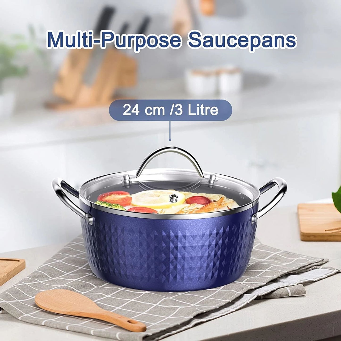 3.7 Quart Cooking Soup Pot with Lid, Small Nonstick Soup Pot with Lid, Round Small Soup Pot 3.3 L, Blue Nonstick Induction Stock Pot, 100% Bpa Free Anodized Healthy Ceramic