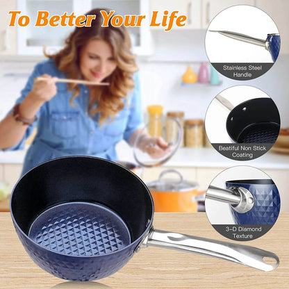 1.2 Quart Pot Saucepan with Lid, Small Nonstick Saucepan with Lid, Small Soup Pot with Lid, Small Induction Stock Pot, Blue Mini Saucepan with Lid, Milk Pot with Anodized Healthy Ceramic