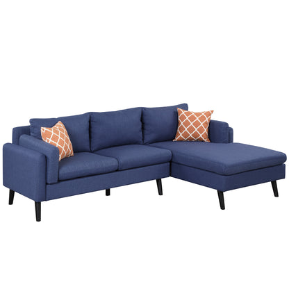 84.65&quot; Modern Upholstered L-Shape Sofa Couch with Chaise and 2 Pillows,3-Seater Couch with rubber wood legs for Living Room,Apartment,Small Space,Blue