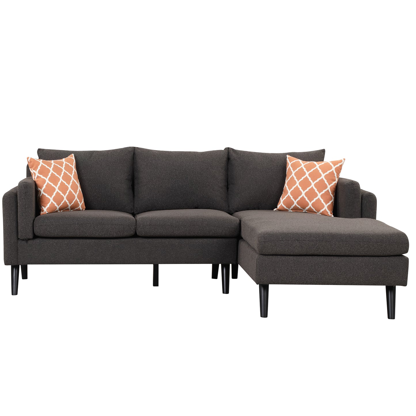 84.65&quot; Modern Upholstered L-Shape Sofa Couch with Chaise and 2 Pillows,3-Seater Couch with rubber wood legs for Living Room,Apartment,Small Space,Black Brown