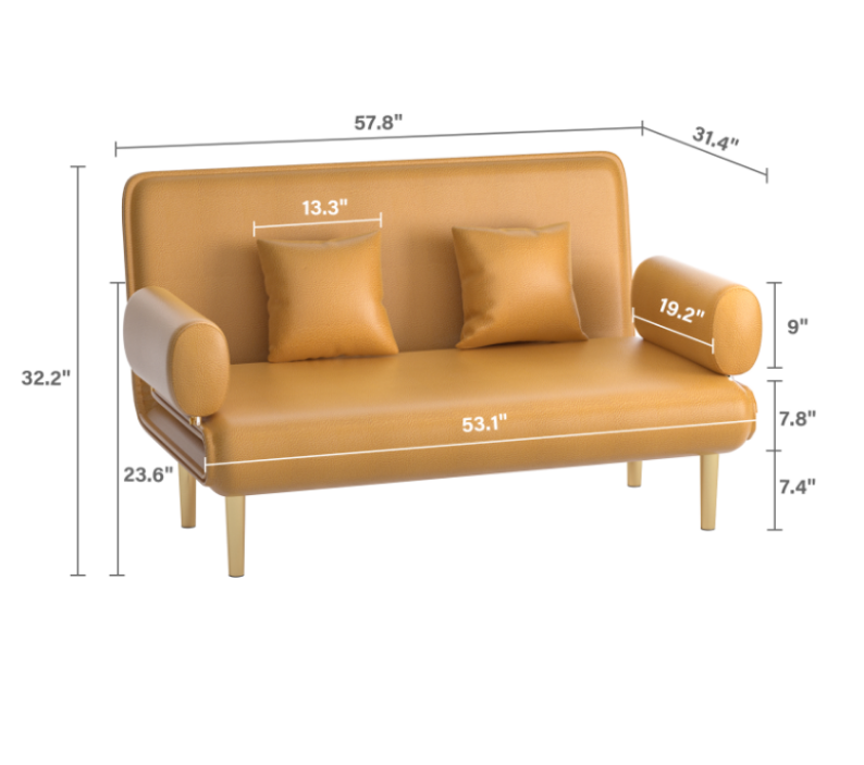 CIZIG Futon Sofa Bed, Convertible Sleeper Sofa, Couch, Double Chaise Sofa,Loveseat, Sofa Chair,with Tapered Legs, 1000lb Weight Capacity, Integrated Sofa, Small Couches for Living Room，Orange