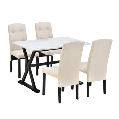 TOPMAX Solid Wood 5-Piece Dining Table Set with Faux Marble Tabletop and Upholstered Dining Chairs for 4, Faux Marble White+Beige