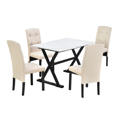 TOPMAX Solid Wood 5-Piece Dining Table Set with Faux Marble Tabletop and Upholstered Dining Chairs for 4, Faux Marble White+Beige