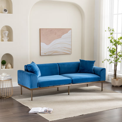 Modern Velvet Sofa with Metal Legs,Loveseat Sofa Couch with Two Pillows for Living Room and Bedroom,Blue