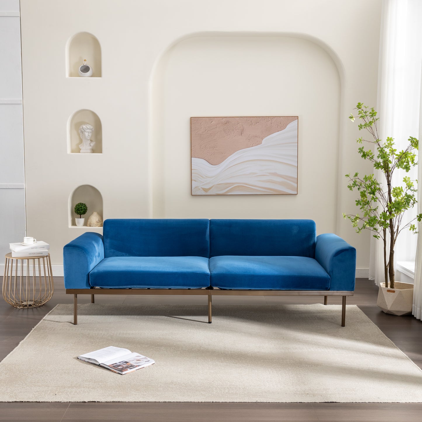 Modern Velvet Sofa with Metal Legs,Loveseat Sofa Couch with Two Pillows for Living Room and Bedroom,Blue