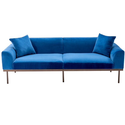 Modern Velvet Sofa with Metal Legs,Loveseat Sofa Couch with Two Pillows for Living Room and Bedroom,Blue