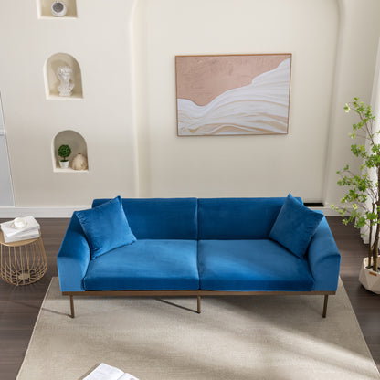 Modern Velvet Sofa with Metal Legs,Loveseat Sofa Couch with Two Pillows for Living Room and Bedroom,Blue