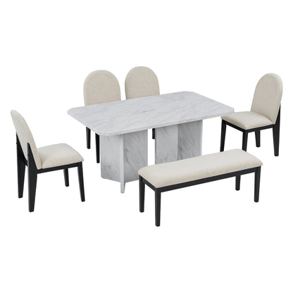 TREXM 6-Piece Modern Style Dining Set with Faux Marble Table and 4 Upholstered Dining Chairs &amp; 1 Bench (White)