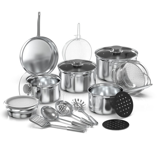 18-Piece Stainless Steel Kitchen Cookware Set, Including Saucepan, Casseroles with Tempered Glass Lid, Frypan, Steamer, Salad Bowl with Cover, Fryer Basket, Heat Resistant Mat &amp; Utensils Set, Silver