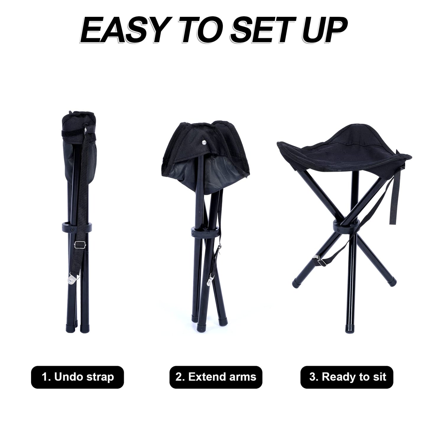 YSSOA Folding Tripod Camping Stool︱Tri-Leg Slacker Chair Super Compact for Outdoor Backpacking Fishing Picnic Travel Beach BBQ (Color: Black)