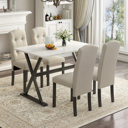 TOPMAX Solid Wood 5-Piece Dining Table Set with Faux Marble Tabletop and Upholstered Dining Chairs for 4, Faux Marble White+Beige