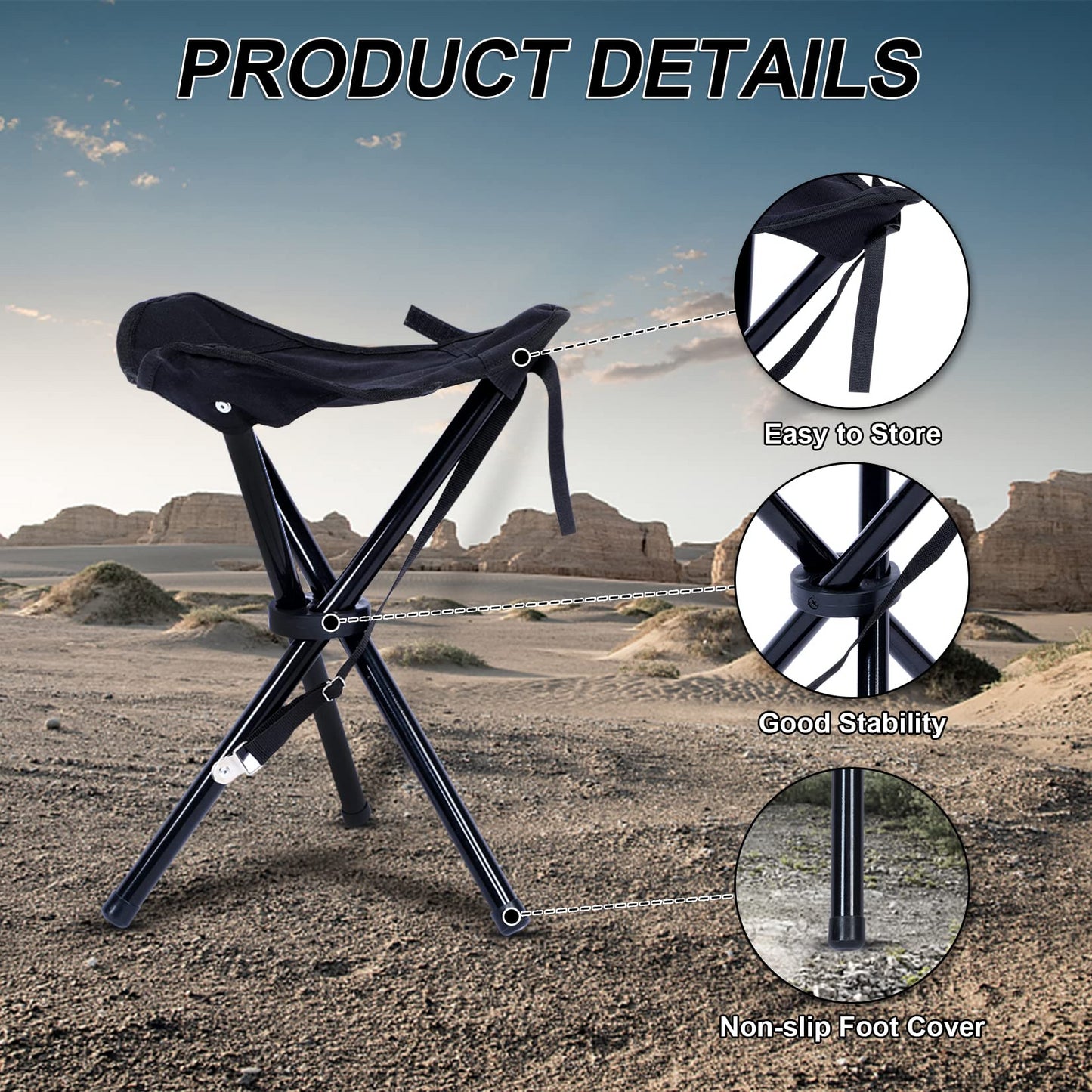 YSSOA Folding Tripod Camping Stool︱Tri-Leg Slacker Chair Super Compact for Outdoor Backpacking Fishing Picnic Travel Beach BBQ (Color: Black)