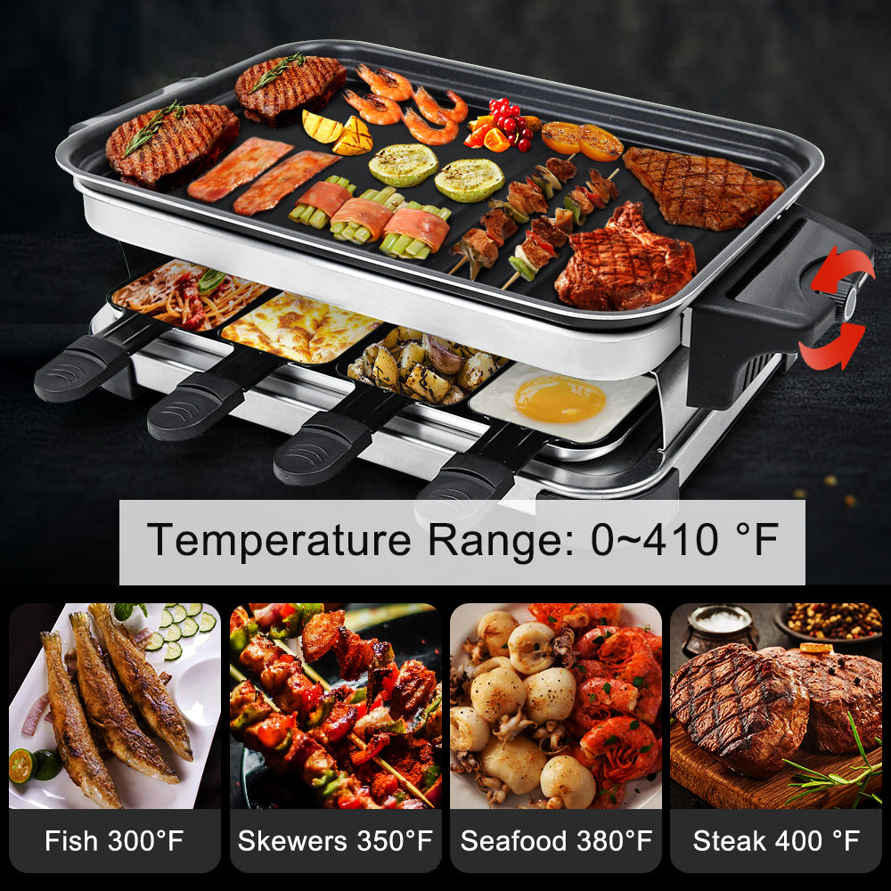 Raclette Grill 8-person baking non stick coating,  tray with 8 mini baking trays Raclette, stepless temperature control, 1300W