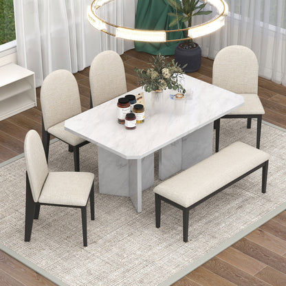 TREXM 6-Piece Modern Style Dining Set with Faux Marble Table and 4 Upholstered Dining Chairs &amp; 1 Bench (White)