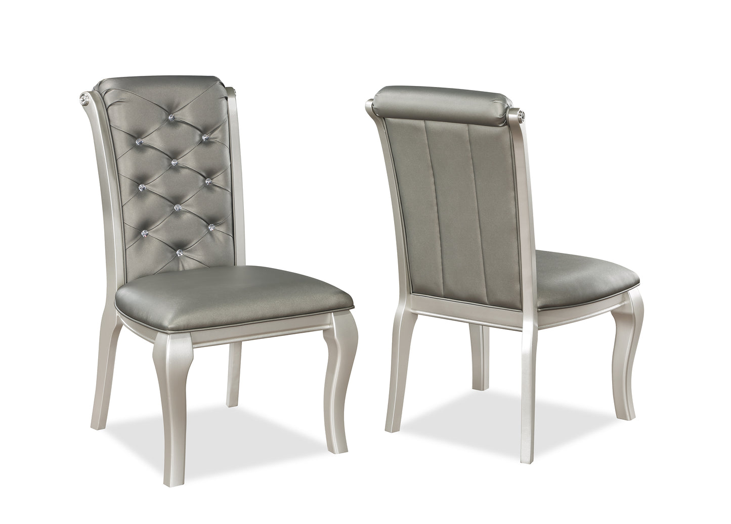 Formal Luxurious Dining Chairs Set of 2 Champagne / Silver Solid Wood High-quality Faux Leather Cushion Button Tufted Side Chairs Kitchen Dining Room Furniture