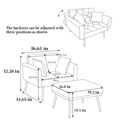 36.61&#039;&#039; Wide Modern Accent Chair With 3 Positions Adjustable Backrest, Tufted Chaise Lounge Chair, Single Recliner Armchair With Ottoman And Gold Legs For Living Room, Bedroom (Gray)