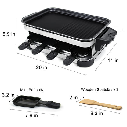 Raclette Grill 8-person baking non stick coating,  tray with 8 mini baking trays Raclette, stepless temperature control, 1300W