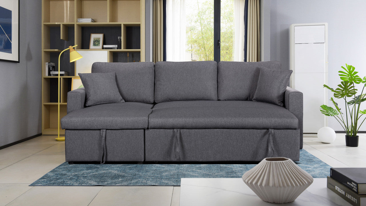 Paisley Light Gray Linen Fabric Reversible Sleeper Sectional Sofa with Storage Chaise